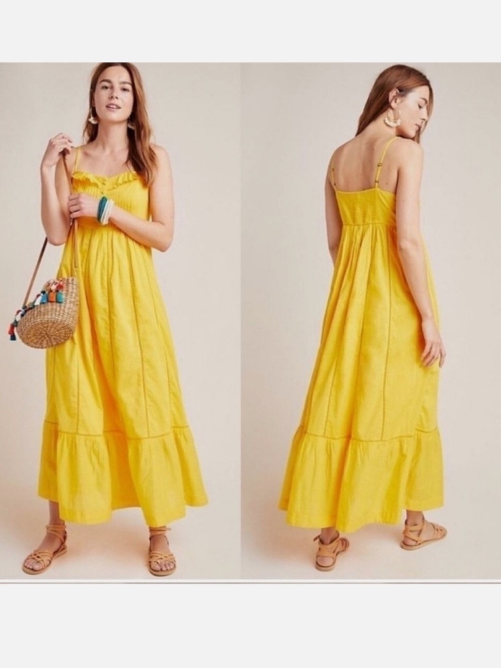 Anthropologie Maeve women size 6 Arcadia Yellow Maxi Dress Ruffle Eyelet smocked
